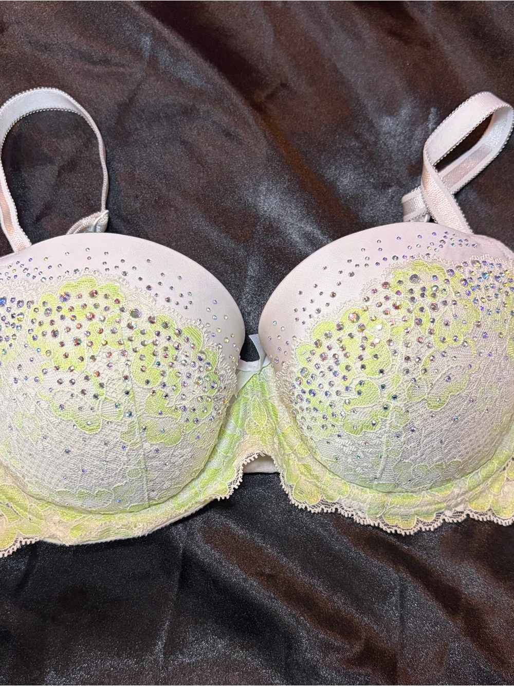 Victoria's Secret White Push-Up Bra with Lime Lace & Rhinestone Detail